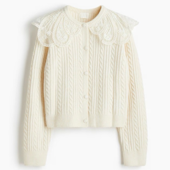 H&M Sweaters - H&M Cream Lace-Collar Cable Knit Cardigan